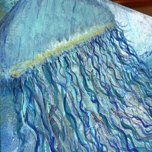 Large jellyfish with acrylic cell activating background, turquoise, blues,green